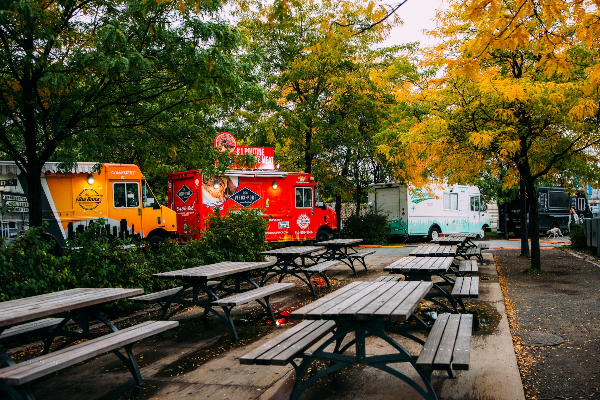 Food trucks lined up outside