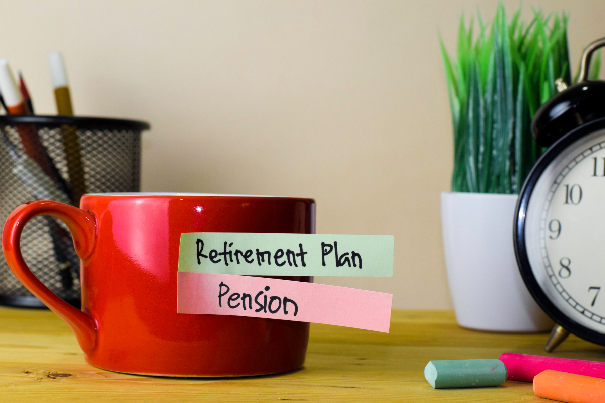 Retirement and pension plan written on a mug